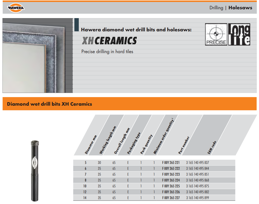 Сверло алмазное мокрого реза 14х65/35 мм Hawera F00Y265227 - фото